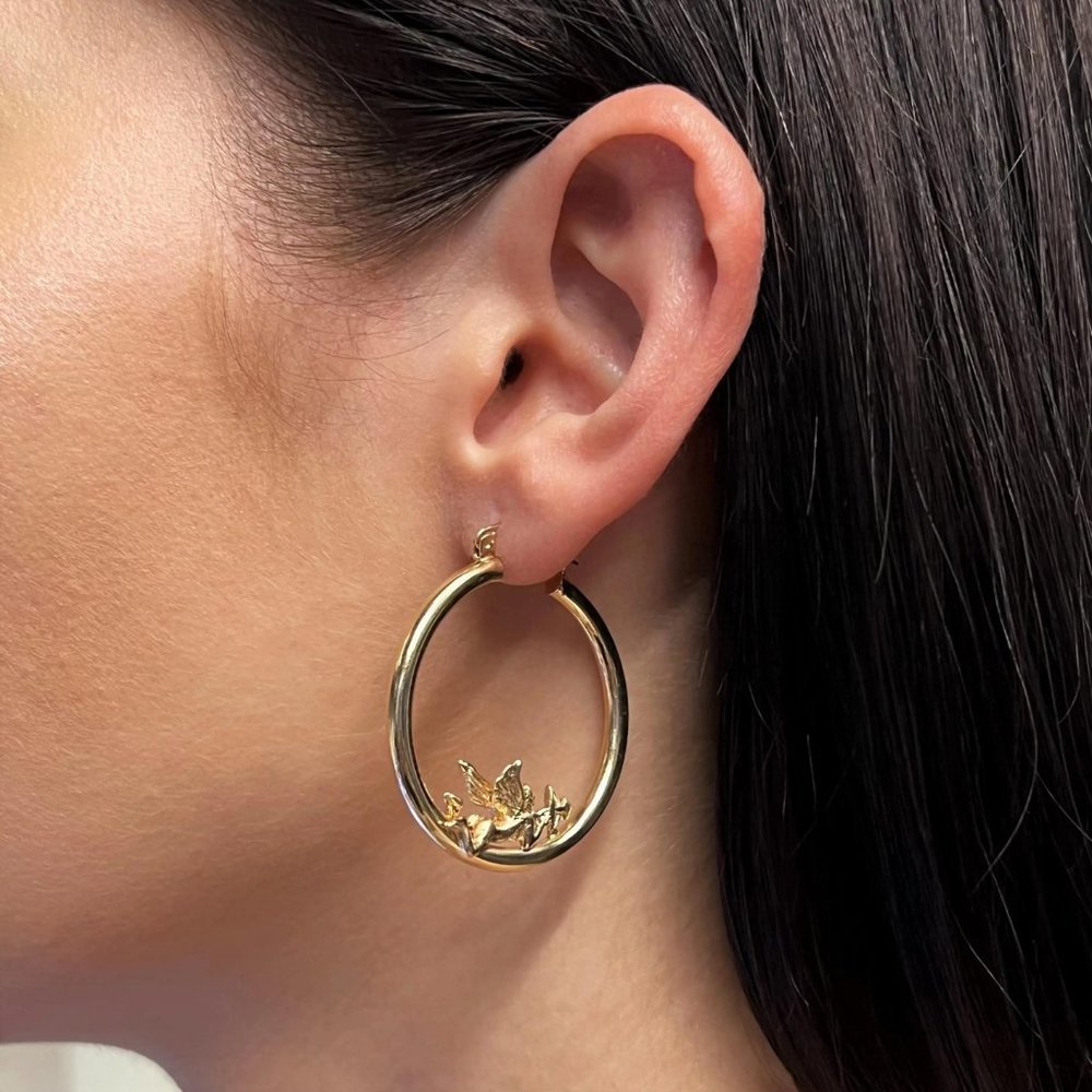 Rachel Koen Cupid Angel Hollow Round Hoop Earrings 14K Yellow Gold